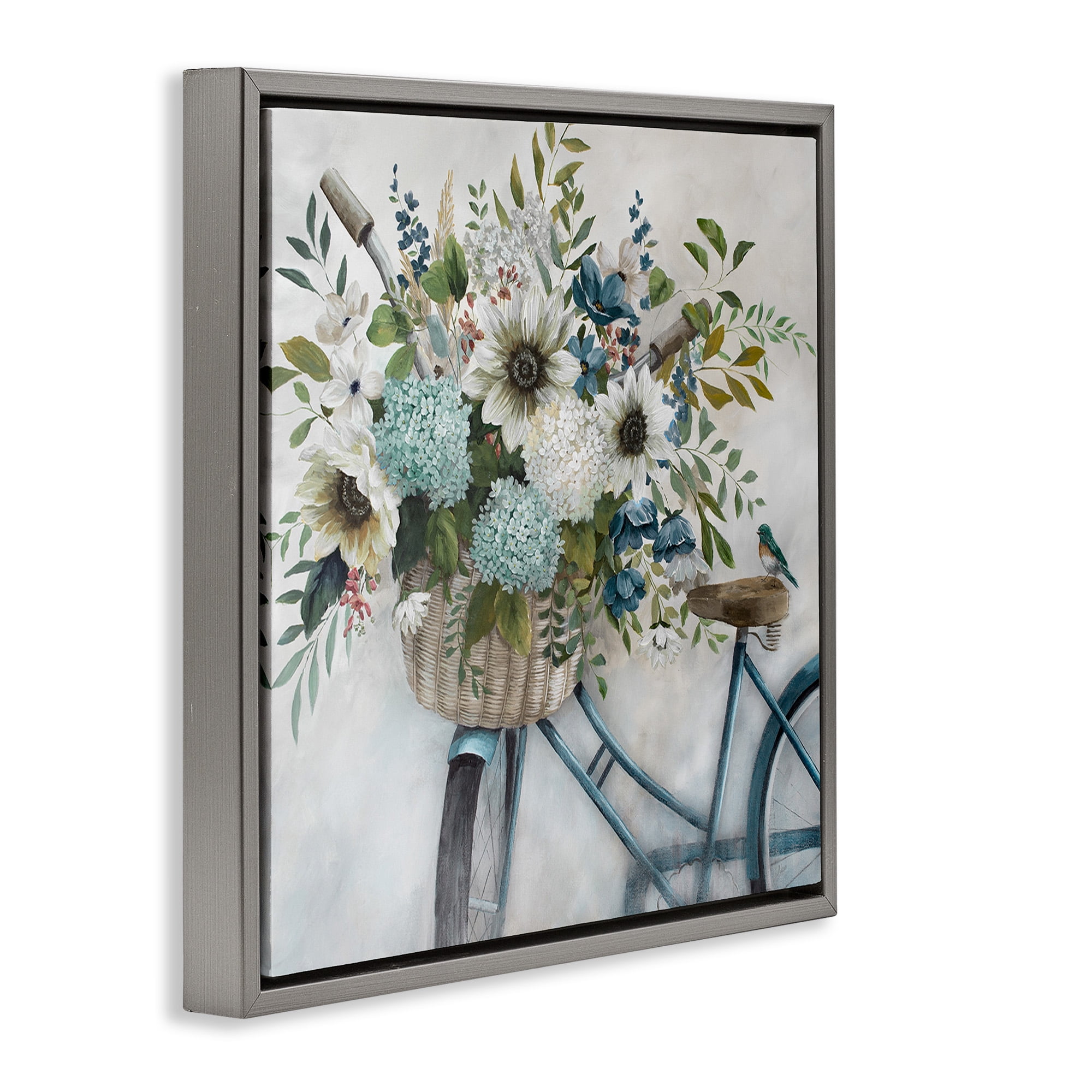 Stupell Industries Floral Bike Basket Transportation Painting Gray Floater Framed Canvas Art Print Wall Art, 25 x 25