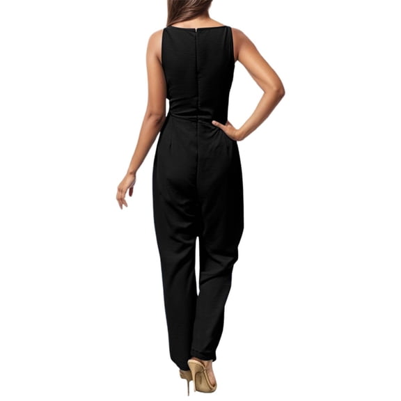 Women's V-Neck Sleeveless Wide Leg Jumpsuit - Adjustable Waist Romper for Summer Casual Wear