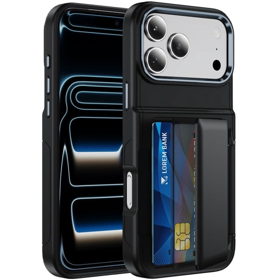Kryonix For iPhone 17 Pro 6.3" Case Wallet With Card Holder (2 Cards) Metal Kickstand RFID Blocking Shockproof Rugged,Black