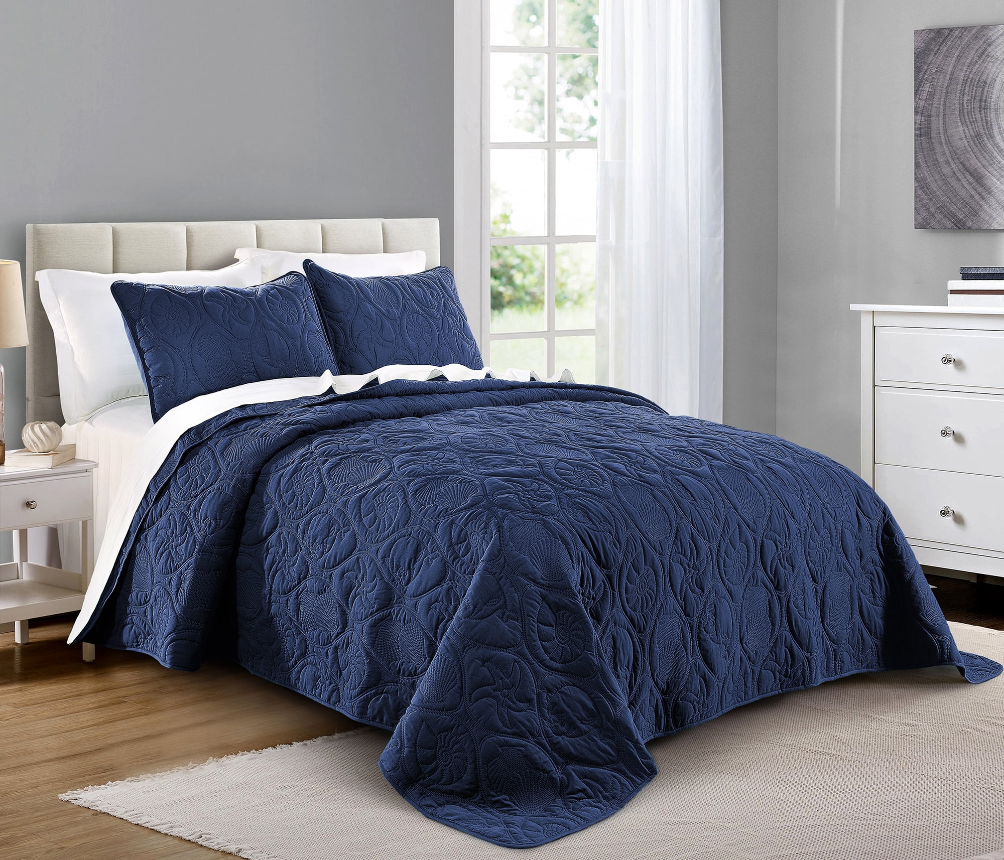 Quilt Set Full/Queen Size Navy Oversized Bedspread Soft Microfiber Coverlet for All Season