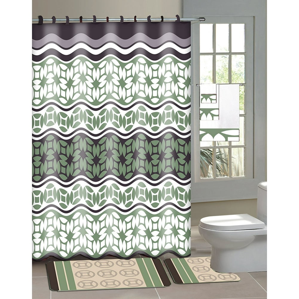 Laurel Sage Green & Brown 15Piece Bathroom Accessory Set 2 Bath Mats