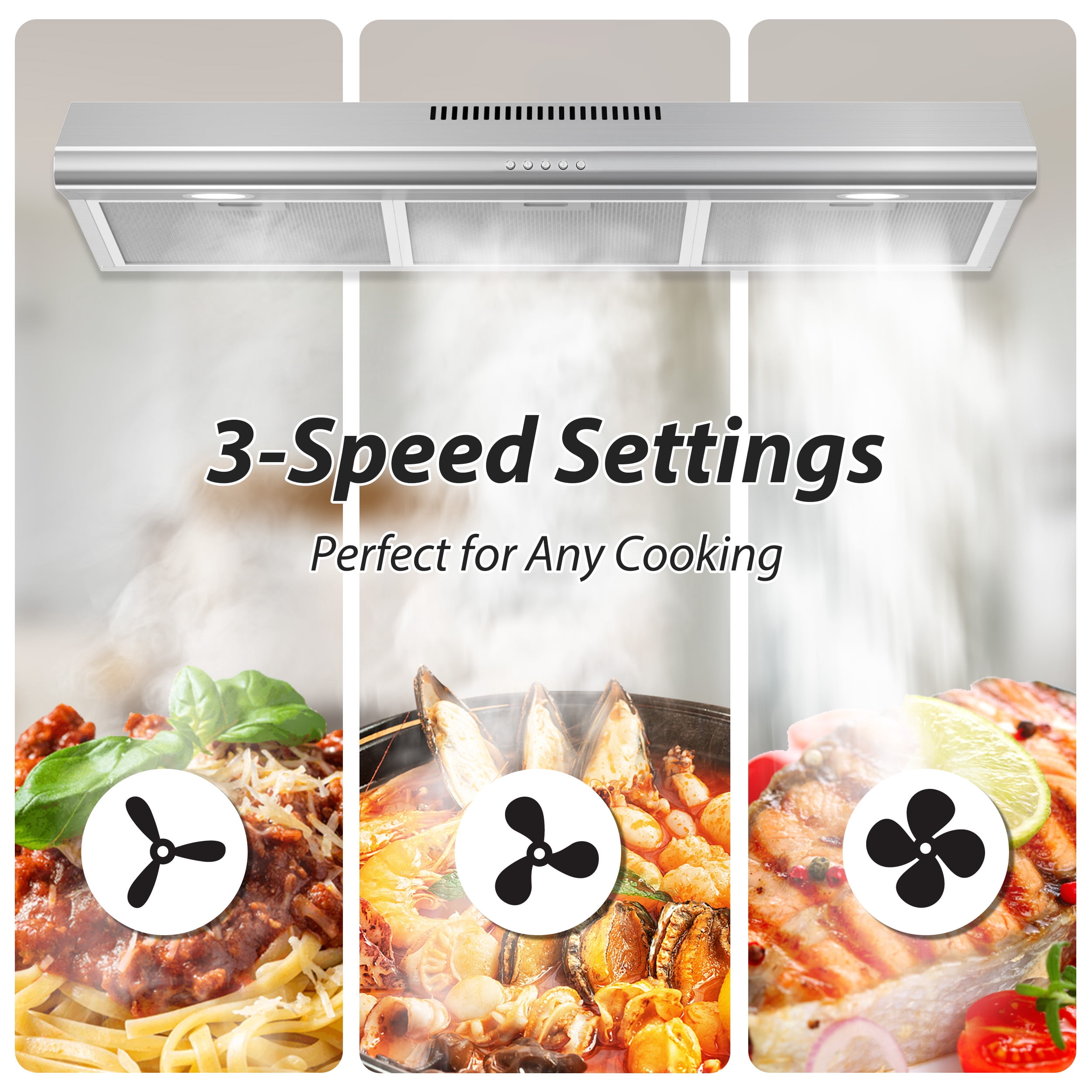 FIREGAS 36 Inch Under Cabinet Range Hood, 3 Speed, 200 CFM Ducted/Ductless Kitchen Hood, LED Lights
