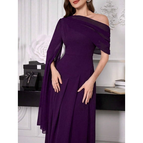 Bold Plum Womens One Shoulder Draped Maxi Dress With Sheer Overlay, Elegant Off-Shoulder Evening Gown