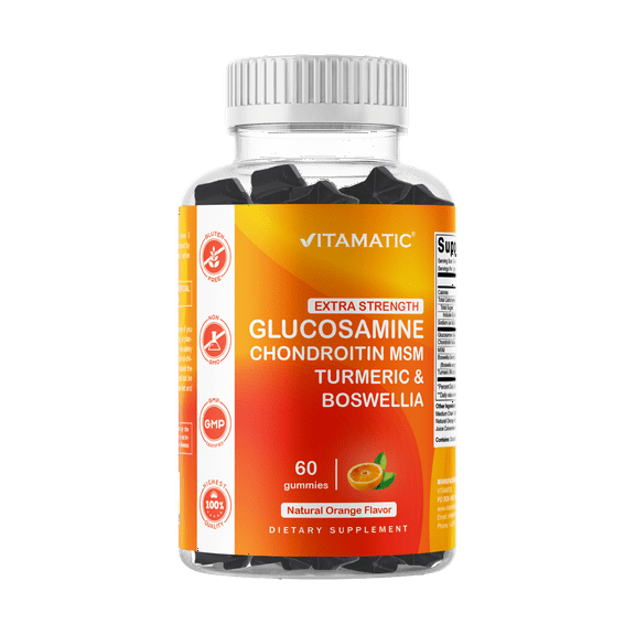 Vitamatic Extra Strength Glucosamine Chondroitin Gummies with MSM, Turmeric, & Boswellia - Joint Support - 60 Pectin Based Gummies