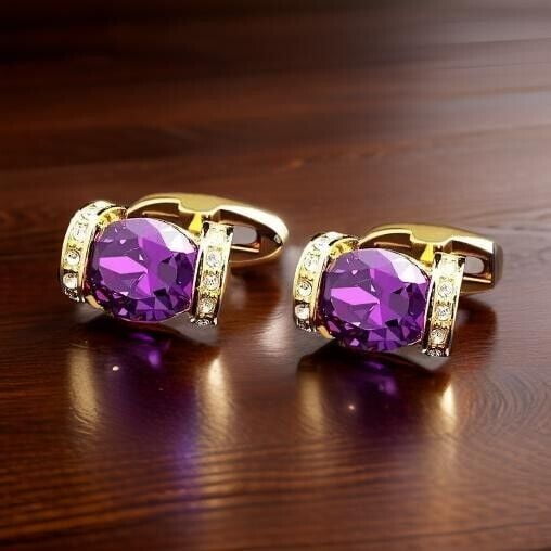 2CT Oval Cut Lab Created Amethyst Men's Gifft Cufflinks 14K Yellow Gold Plated