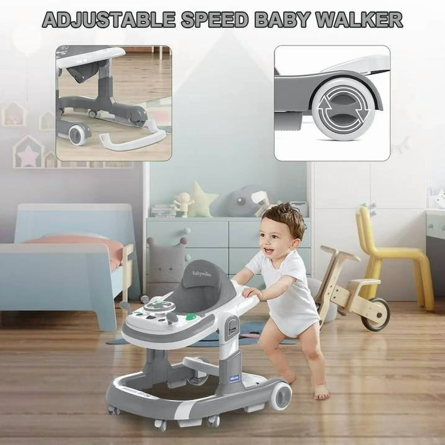 ManyFun 4-in-1 Musical Infant Baby Walker with Wheels functional, Height Adjustable, Foldable Design (Gray)