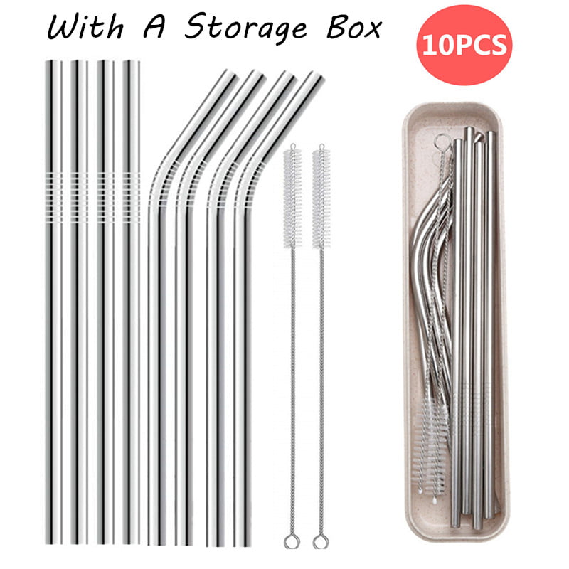 Black 10pac reuseable Stainless Steel Straw Set 4 Straight 4 Bent 2 Cleaning Brushes Included Metal Straw Drink Coffee