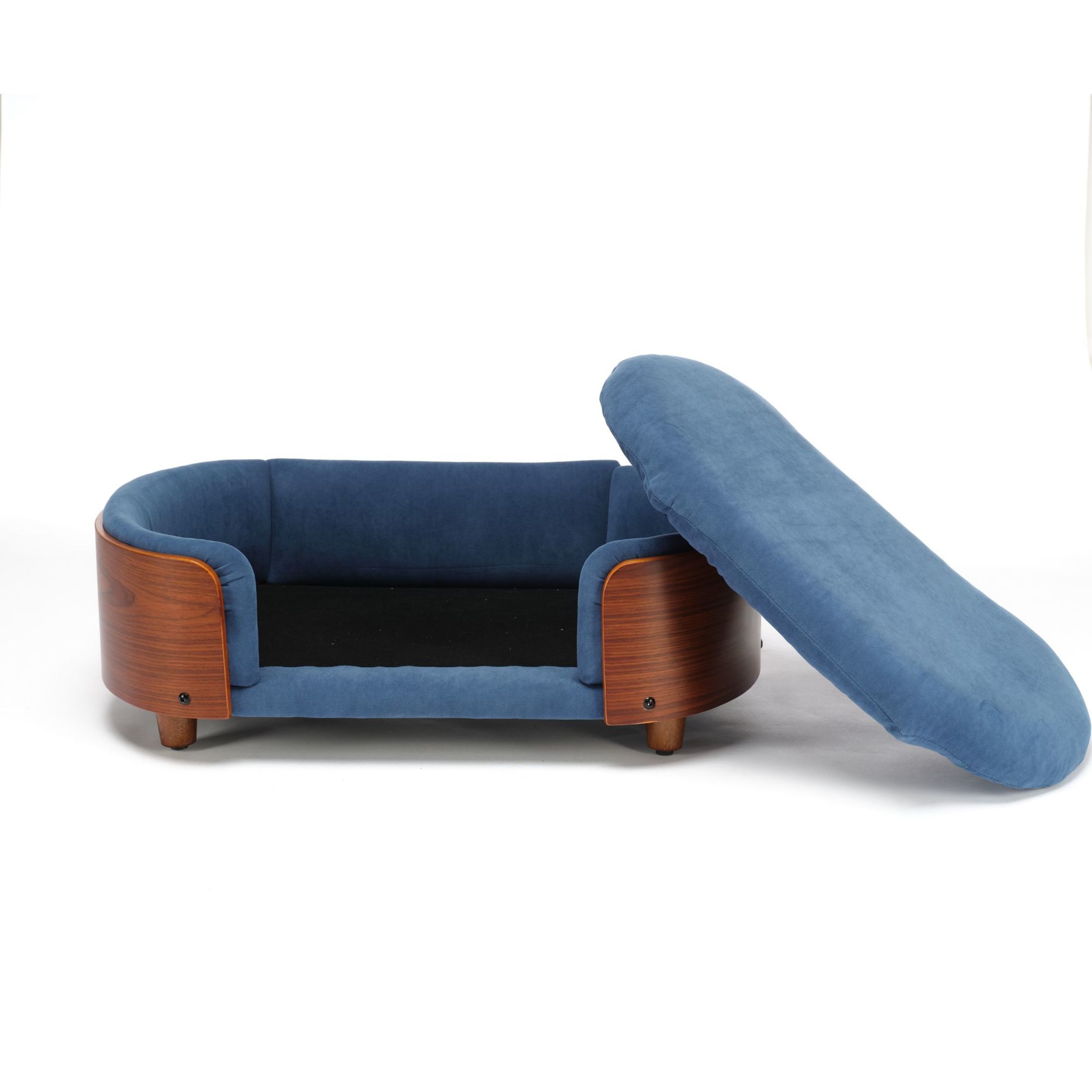 Noble House Scandinavian Elevated Small Dog Bed, Pet Sofa with Solid Wood Frame, Dark Blue and Walnut