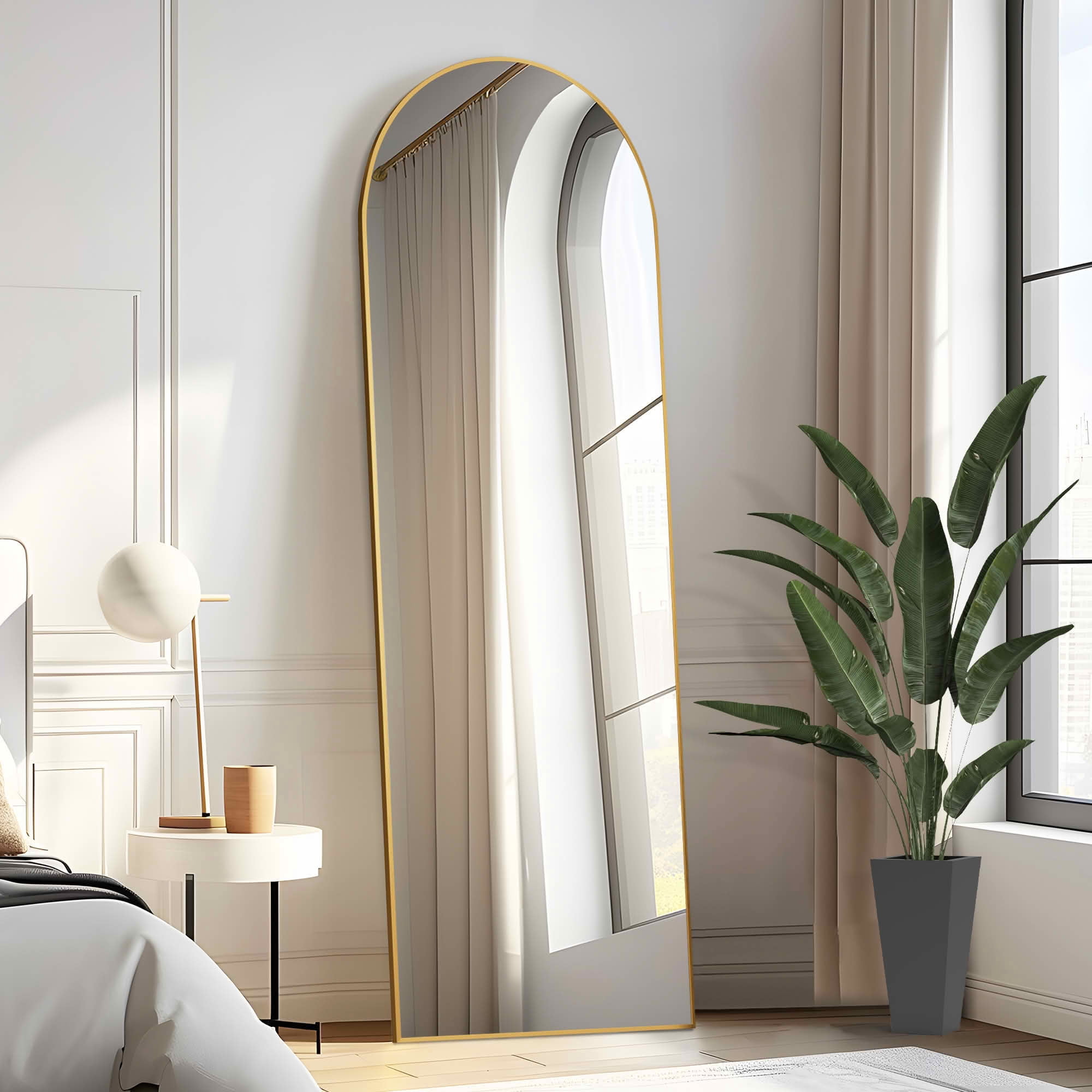 MAYEERTY 69x24x1 Inch Gold Thin Edge Aluminum Right Angle Arched Full Length Mirror with Stand for Bedroom