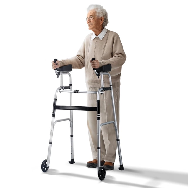 Andador plegable VEVOR 2 en 1 con reposabrazos extraíbles, altura ajustable, ruedas sólidas de 5", aluminio ligero | Ayuda de movilidad con ruedas delanteras para personas mayores con discapacidad, 20