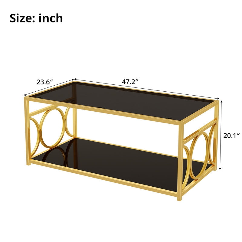 Glass Top Coffee End Table with Gold Metal Frame, Rectangular 2-Tier Storage Center Cocktail Table with Open Storage Shelf
