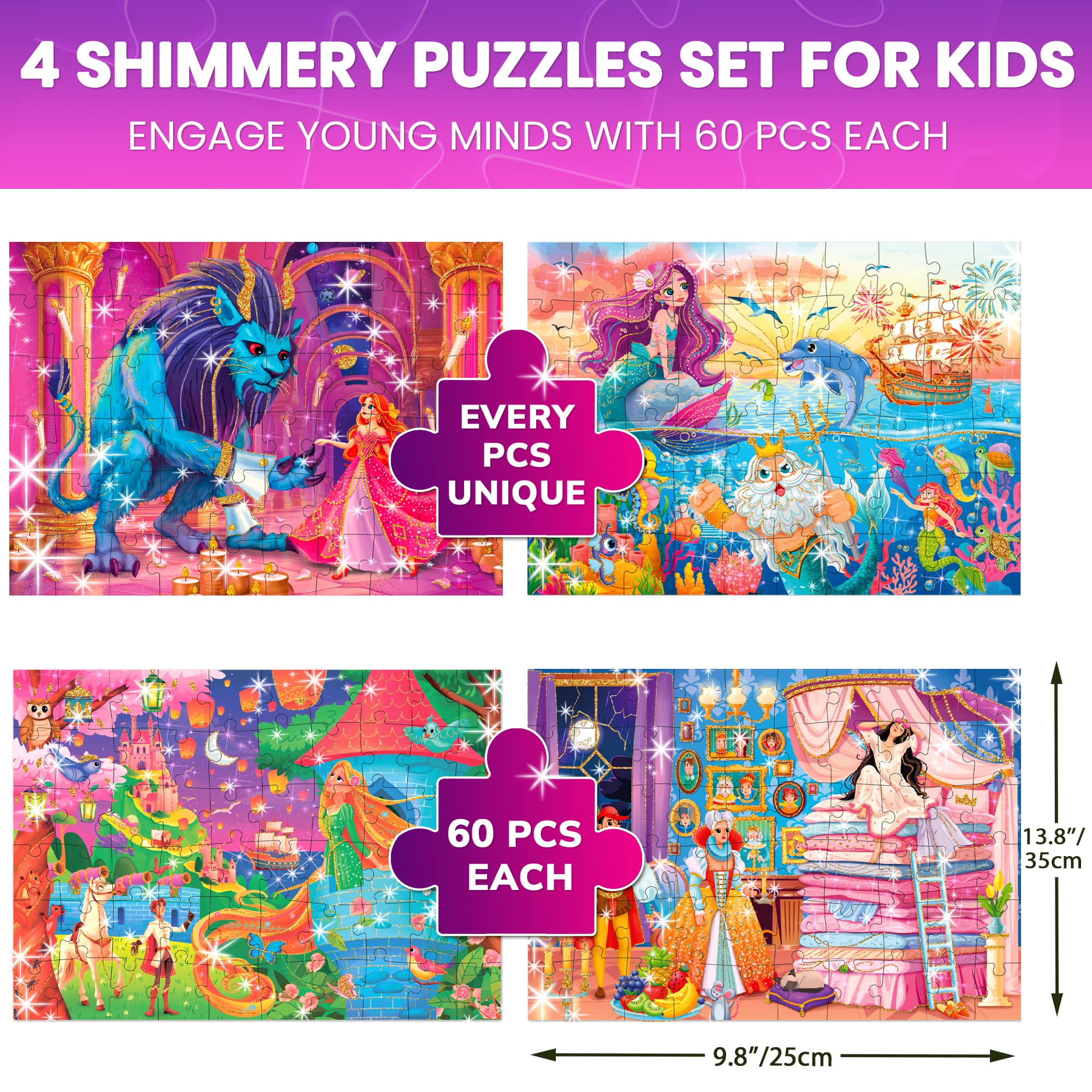Quokka Puzzles for Kids Ages 4-6 – 4-Pack 60-Piece Puzzles for Kids – Fairy Tale Jigsaw Puzzle Set with Princess – Quiet Time Toys for Preschoolers
