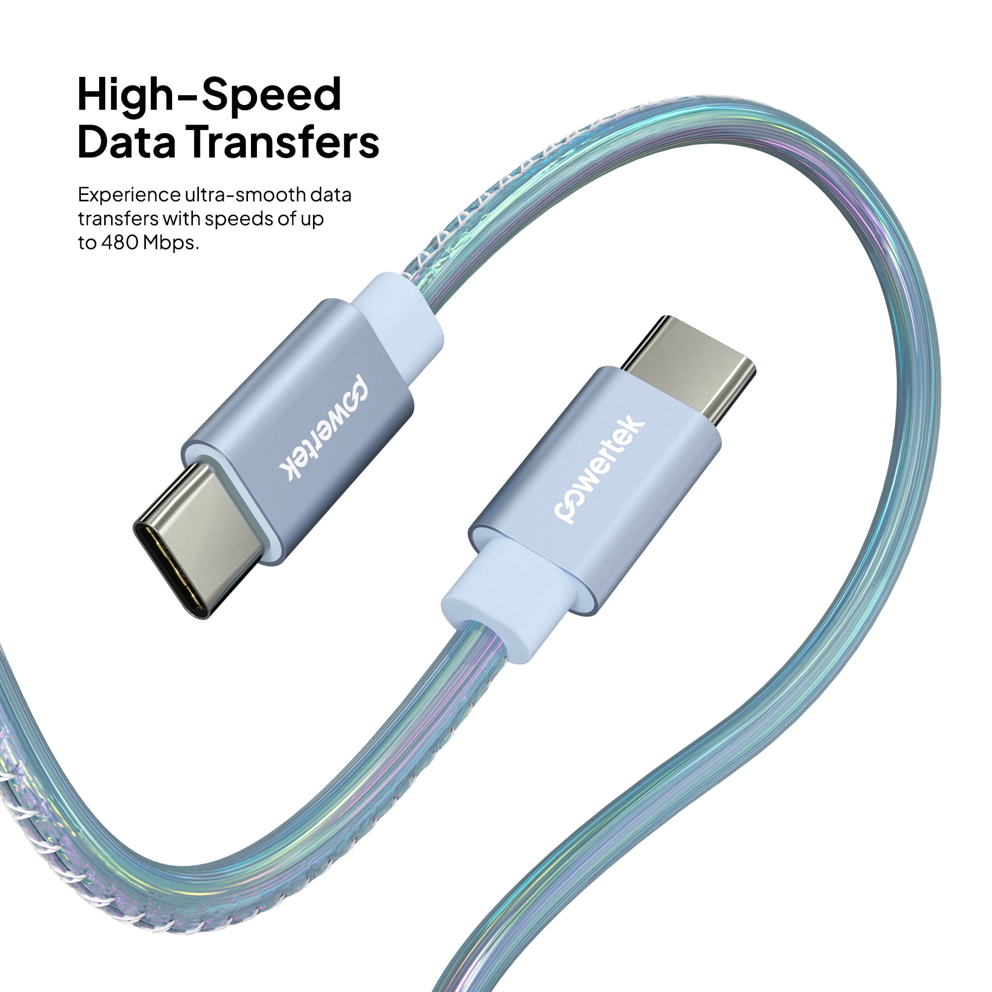 Powertek USB-C to USB-C (Type-C) Metallic Shine Pastel Fast Charging Cable, 60W, 6 ft, Blue