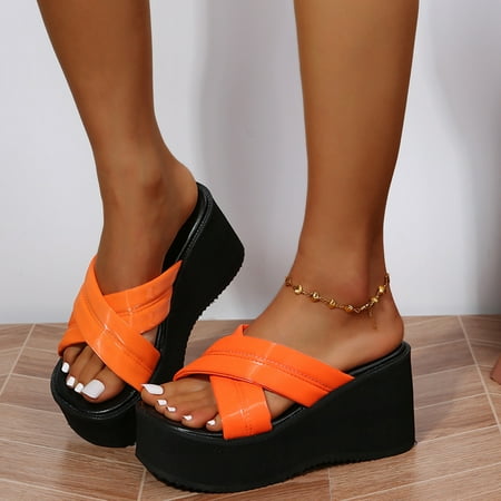 

Women Sandals Heel Platform Platform Platform Retro Cross Strap Sandals Thick Heel Sandals