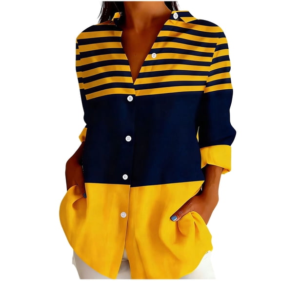 qafoshin Womens Blouses Button-Up Turn Down Collar Long Sleeve Summer Tops Loose Striped Printed Shirts