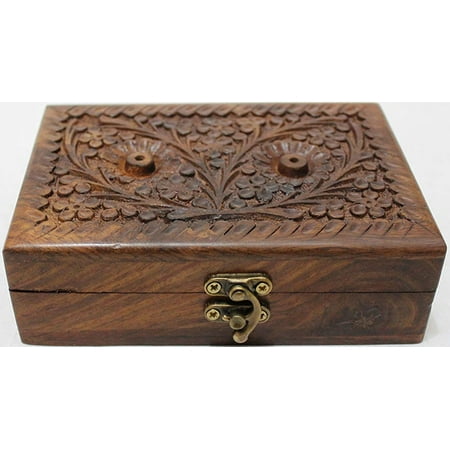 Valentine Day Gift Hers Girls Multipurpose Precious Stone Jewelry Box Solid Wood with Hand Carving Floral Designs and Medieval Era Lock 5.5