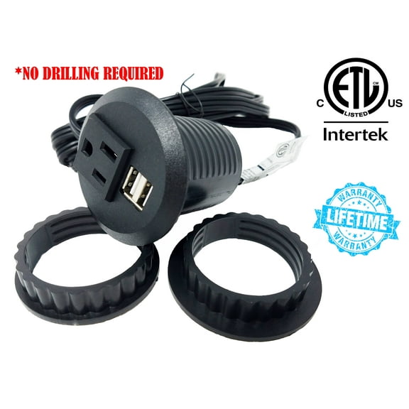 Desktop Power Grommet Outlet Data Center, 2" -2.5" Hole No Drilling Required, 2 Outlet W/2 USB Ports, Black