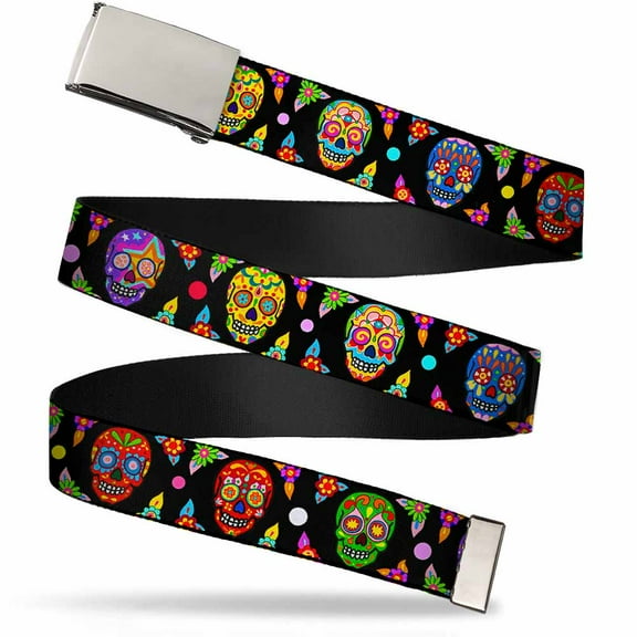 Adjustable Belt, Clamp Buckle, Cut-to-Fit, Colorful Calaveras Black Multi Color
