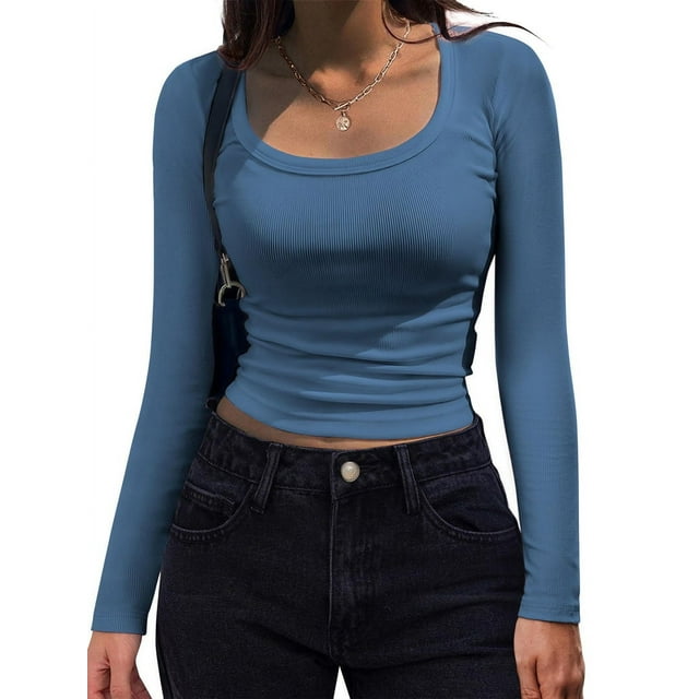 Women'S Long Sleeve Scoop Neck Shirts Casual Slim Fit Rib Knit Tops Summer Fall Basic Business Work Tee Sea Blue XL