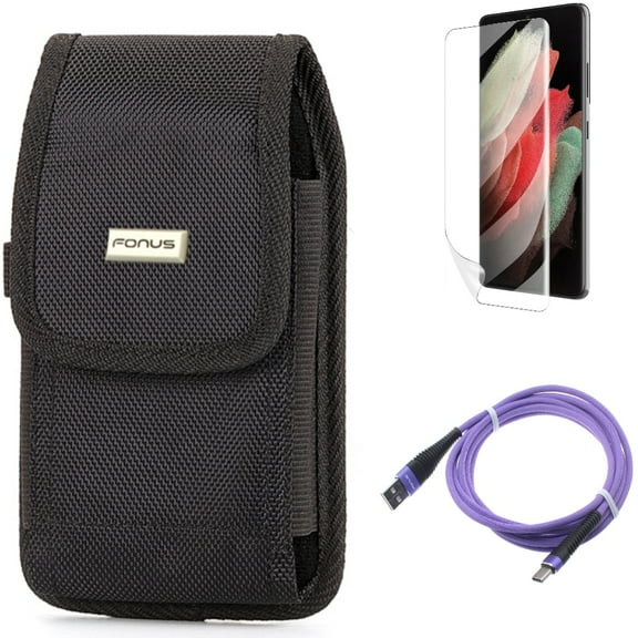 Matte Screen Protector & Case Belt Clip & 10ft USB Cable for Samsung Galaxy S22 Plus (S22 ) - Combo TPU Film Anti-Glare & Rugged Holster & Purple Type-C Charger Cord