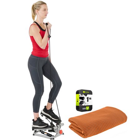 Sunny Health and Fitness SF-S0978 Total Body Mini Stair Stepper Machine with Resistance Bands Bundle with Workout Cooling Sport Towel and 1 Year Extended Protection Plan