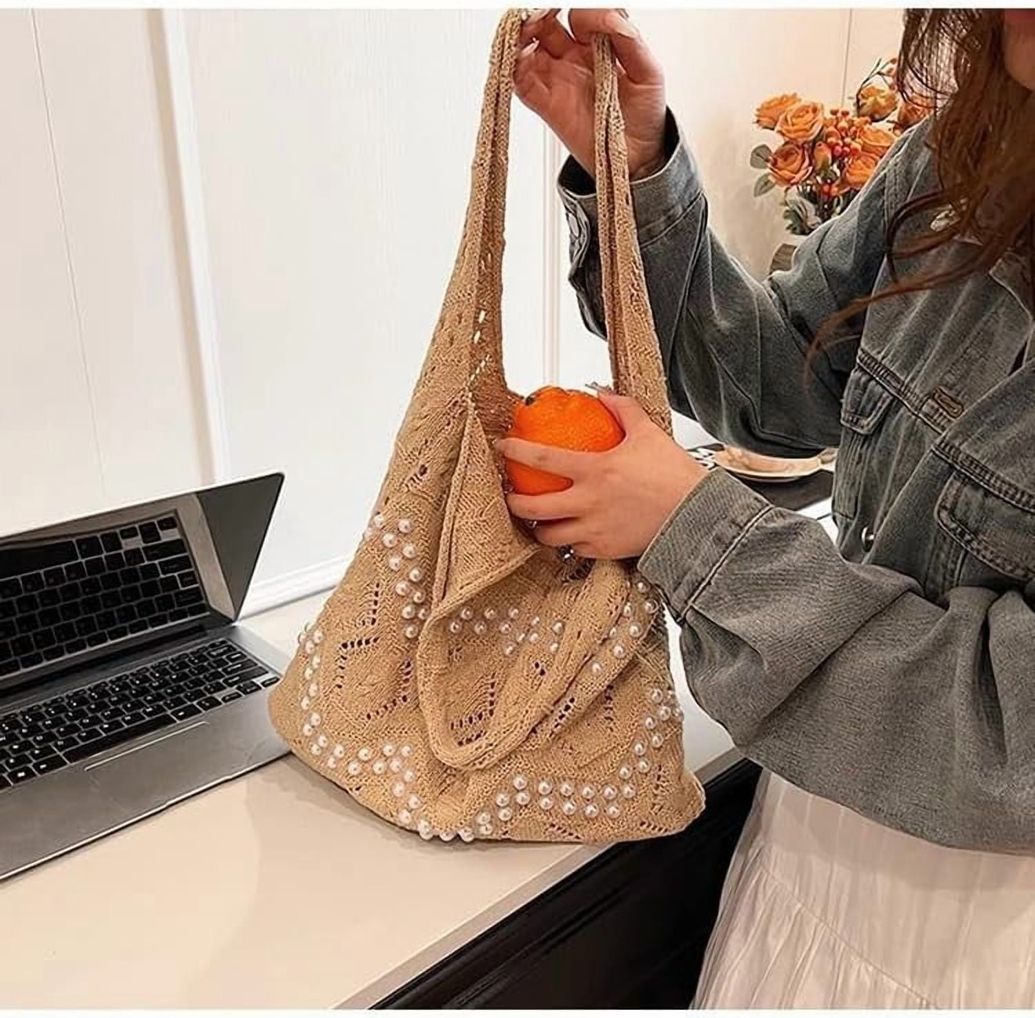 CAILDANL Boho Crochet Beach Tote Shoulder Bag with Colored Beads | Colorful Aesthetic Hippie Knit Bag for Women
