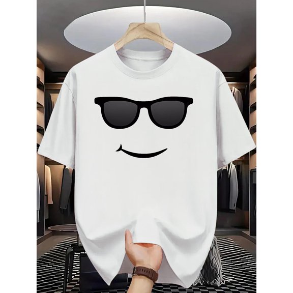Unisex White Print Tshirt Graphic Tees Shirts Cool Sunglasses Smile Face Design Casual Tops S-5XL