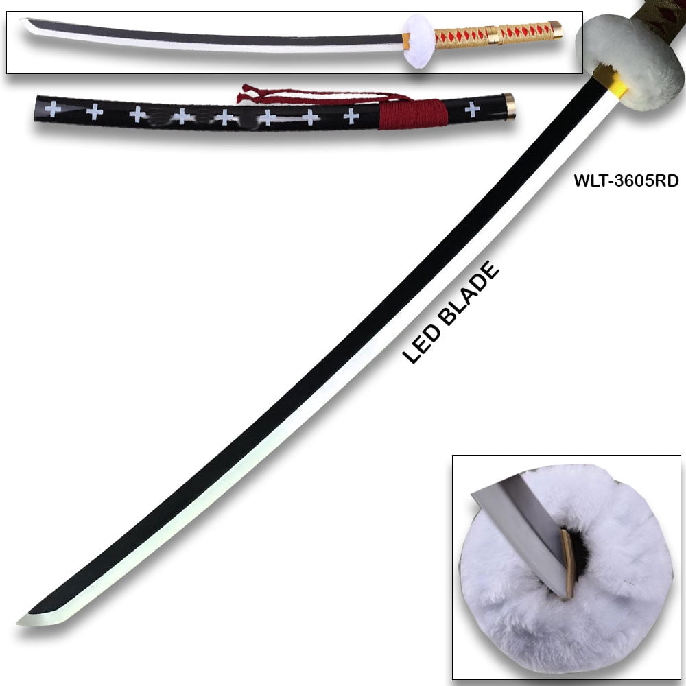 One Piece Trafalgar Law "Kikoku" LED Light-Up Wooden Katana Replica – Red Surgeon of Death Cosplay Sword with Scabbard 41 in