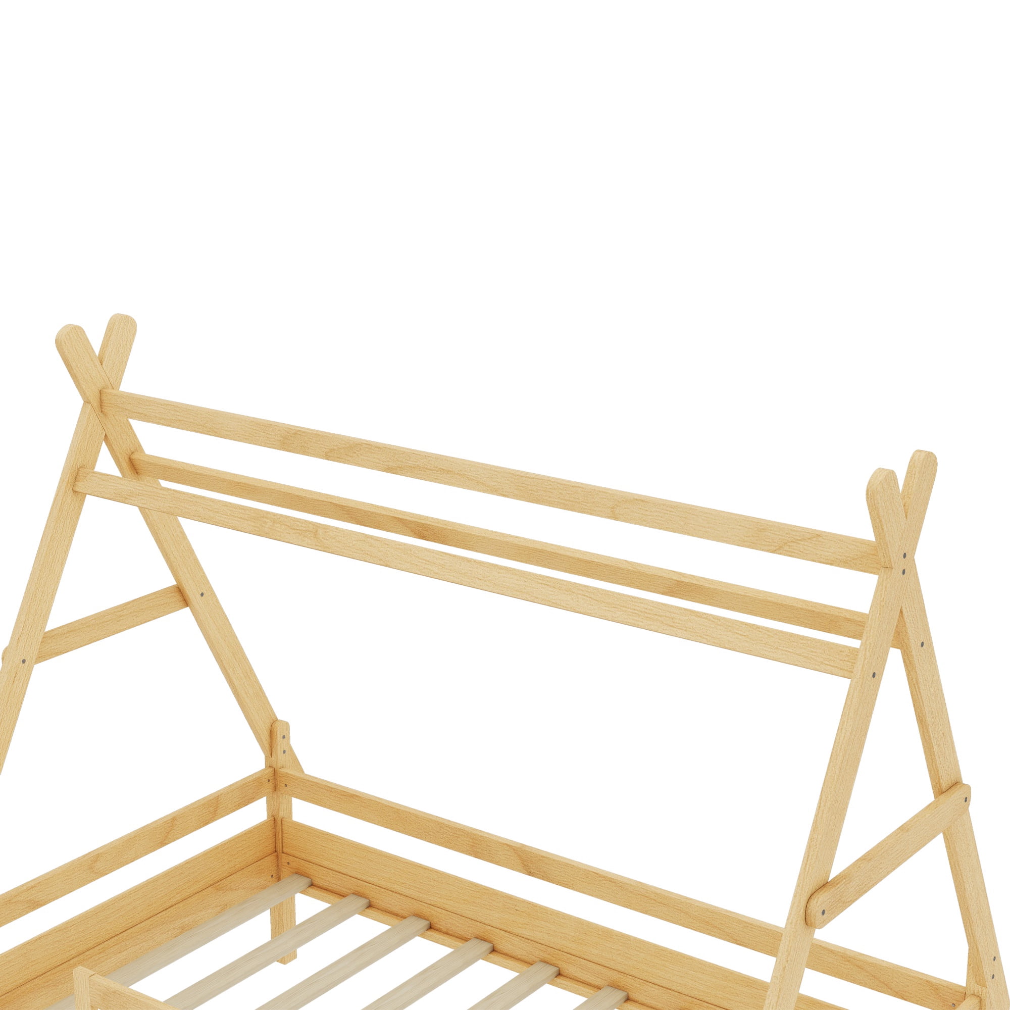 PORKISS Twin Size Platform Bed, Solid Wood Toddler Bed with Fence Guardrail Ladder, Twin Size Bed Frame for Kids Girls Boys, Montessori Bed, No Box Spring Needed, Natural B