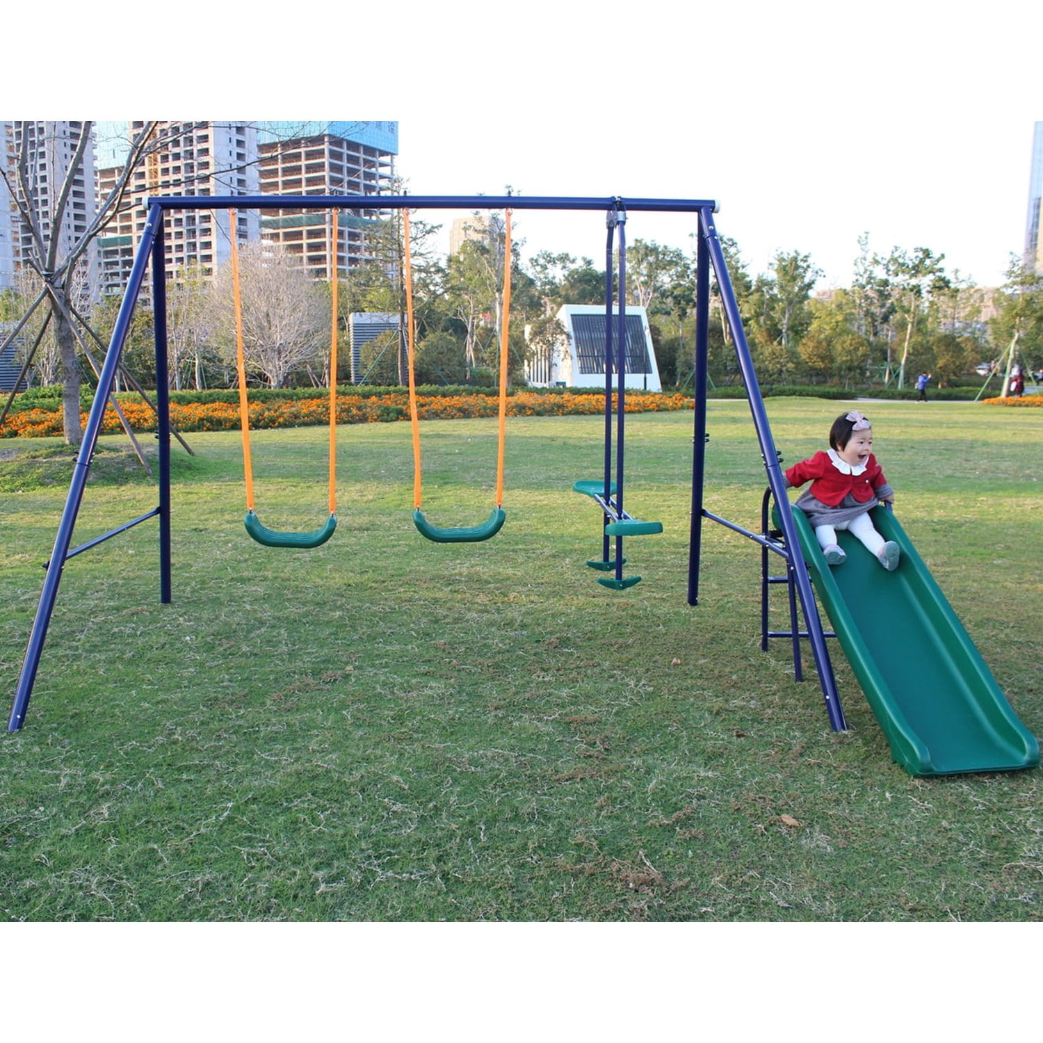 Heavy Duty A-Frame Steel Swing Set with 4 Seater Bench Swing, Weatherproof Rust Resistant Outdoor Swing Stand for 2 Kids Ages 3-8, Easy Assembly Backyard Play Equipment