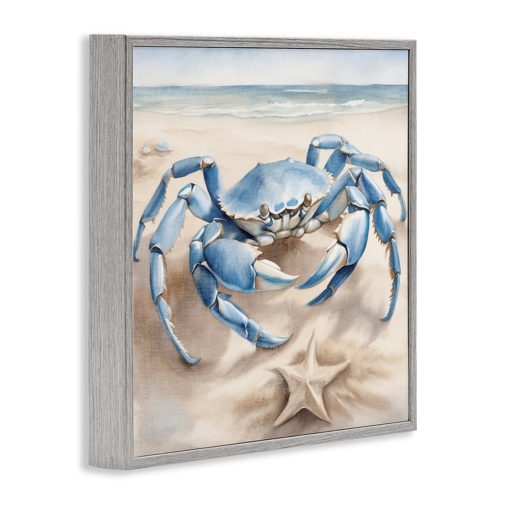 Stupell Industries Crab & Starfish on Beach Animals & Insects Painting Gray Framed Art Print Wall Art, 12 x 12