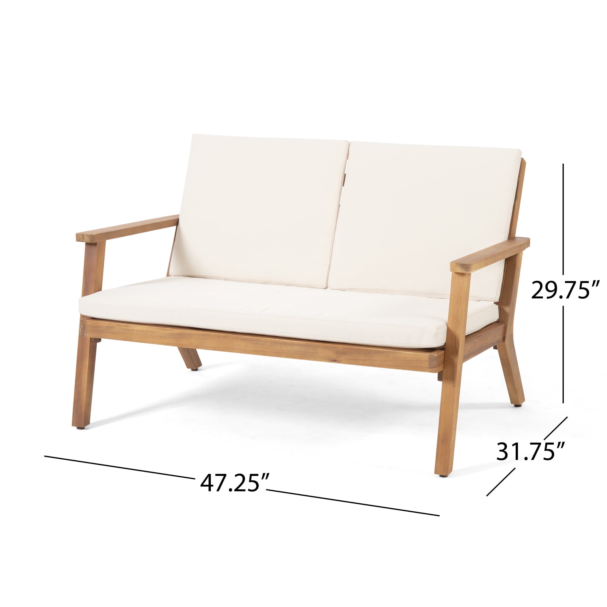 Sasha Acacia Wood Outdoor Loveseat and Coffee Table Set with Cushions, Brown Patina, Cream