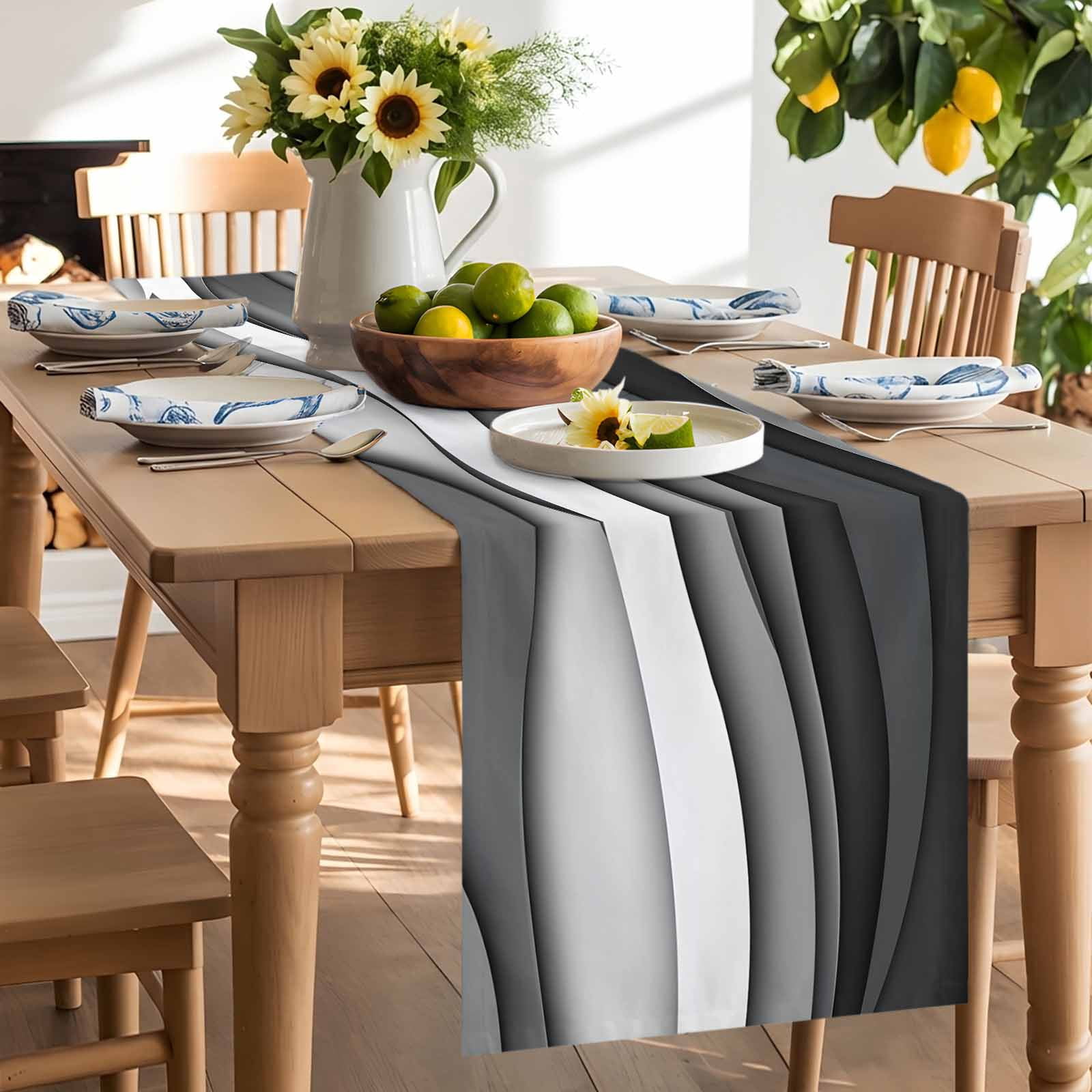 Gray Gradient Abstract Geometric Table Runner 90 Inches Long, Water Ripples Table Runners Tabletop Scarf Kitchen Dining Tables Decoration for Home Party Indoor Outdoor