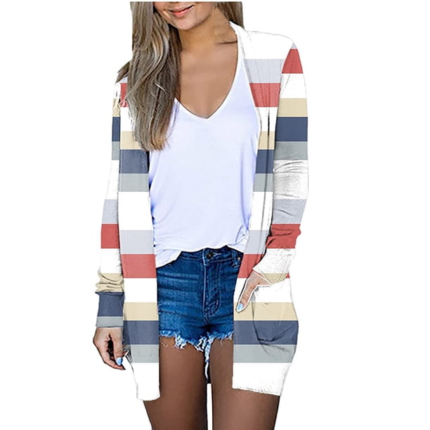 Camiseta de manga larga para mujer a la moda, cárdigan con frente abierto de otoño, prendas de vestir exteriores holgadas, blusa con estampado de rayas, abrigo, Tops Fridja BV0+4119