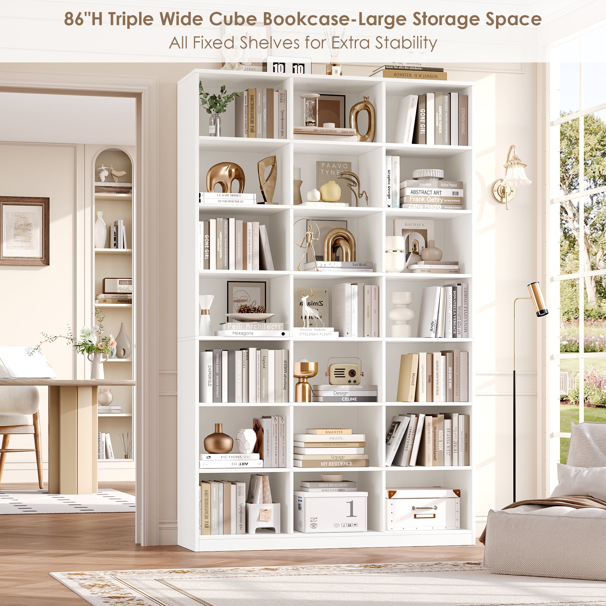 Hiphuta 21-Cube Bookcase, 86"H Tall Wooden Bookshelves for Bedroom, Living Room and Office, Freestanding Display Shelves Cube Organizer, white