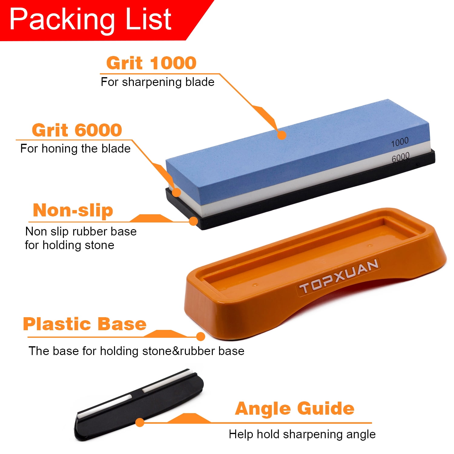 TOPXUAN Knife Sharpening Stone 2 Sided 1000/6000 Grit sharpener Waterstone,Professional Kitchen Whetstone with Orange Plastic Base,Non-slip Rubber and Angle Guide