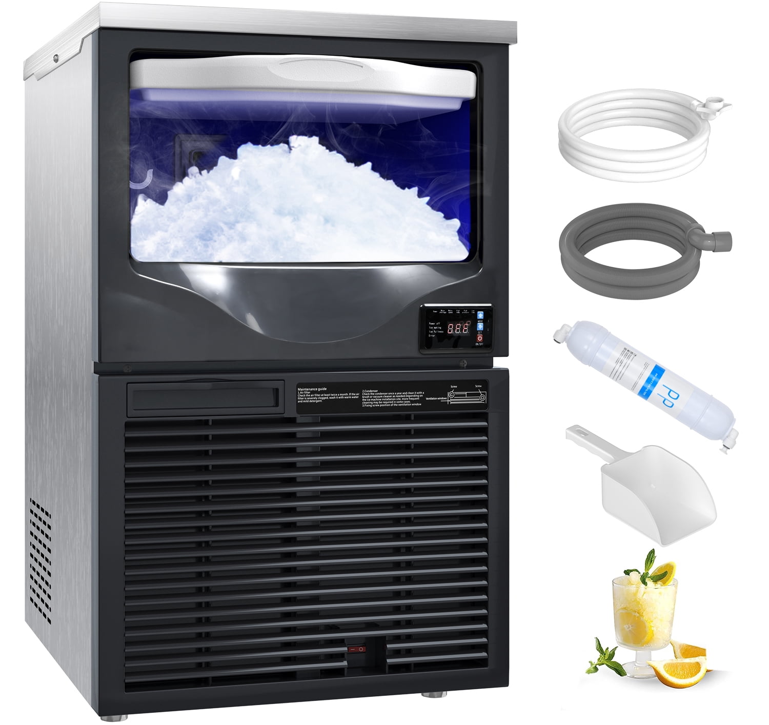 Dextrus Commercial Snowflake Ice Maker 220LBS/24H with 88LBS Storage, Food Grade Stainless Steel Automatic Freestanding Ice Maker Machine with Stainless Steel Scoop