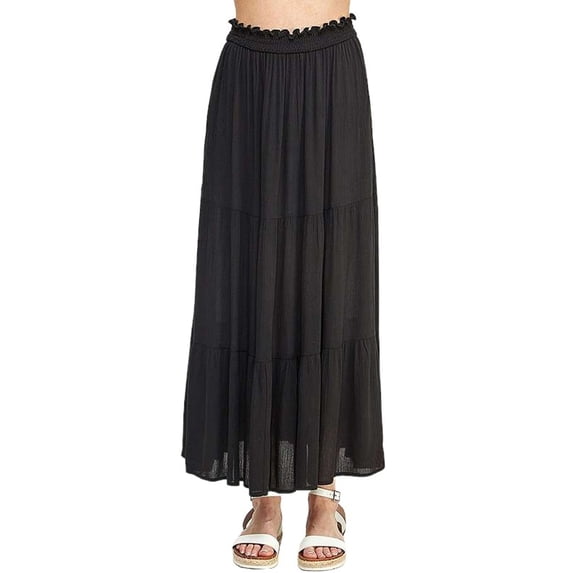 Pastel by Vivienne Women's Smocking Waist Tiered Long Skirt Plus Size Black X-Large