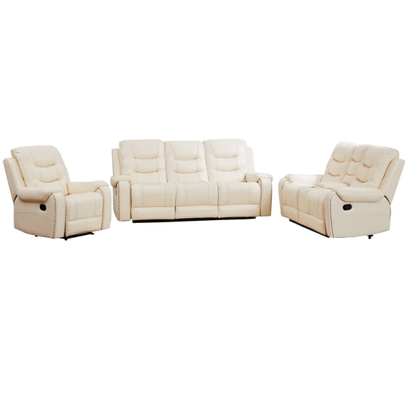 Hybition 3-Piece Reclining Sofa Set Beige Faux Leather Drop Down Table with USB Charging Cup Holders Hidden Storage