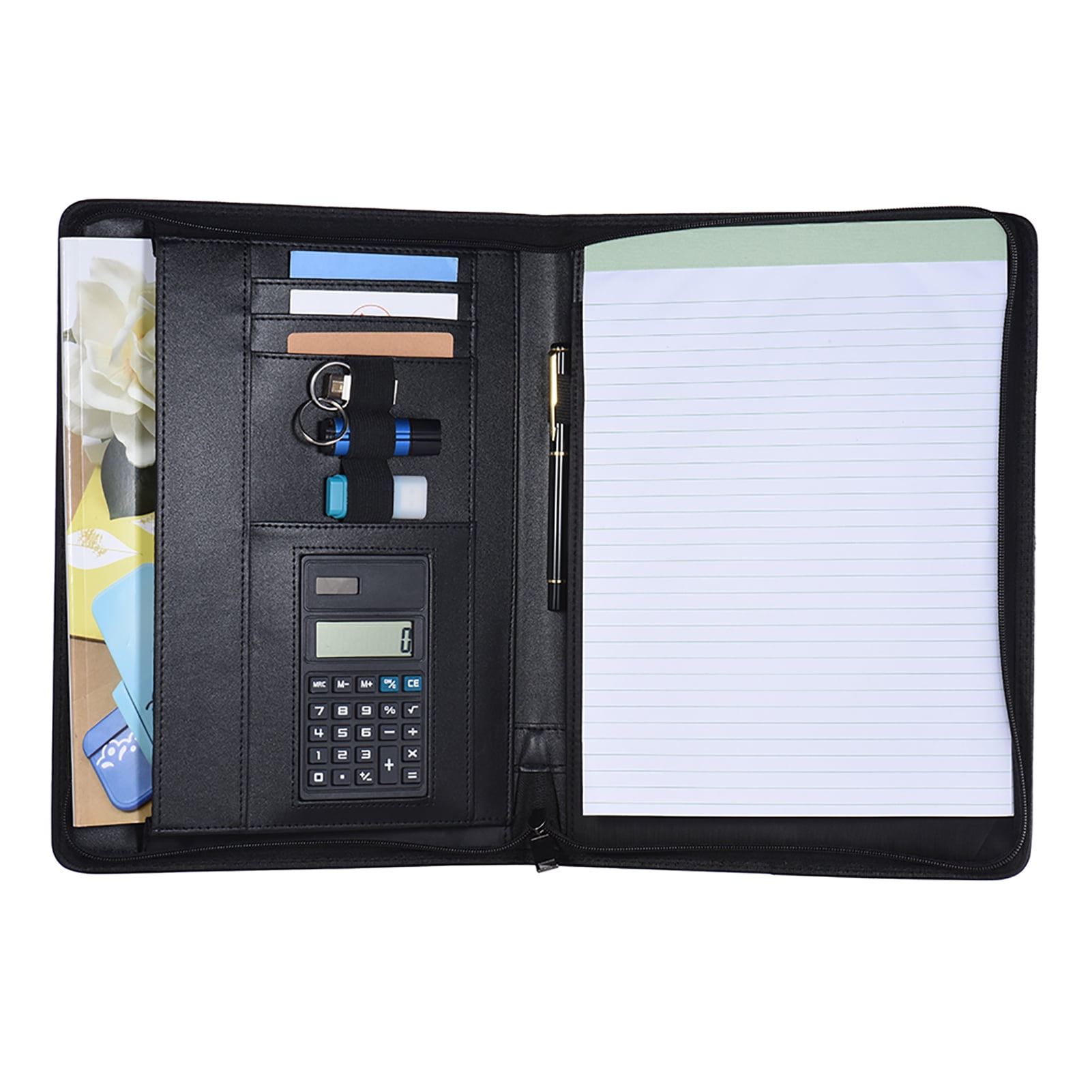 Carevas Multifunctional Professional Business Portfolio Padfolio Folder Document Case Organizer A4 PU Leather Zippered Closure with Calculator Card Holder Memo Note Writing Pad