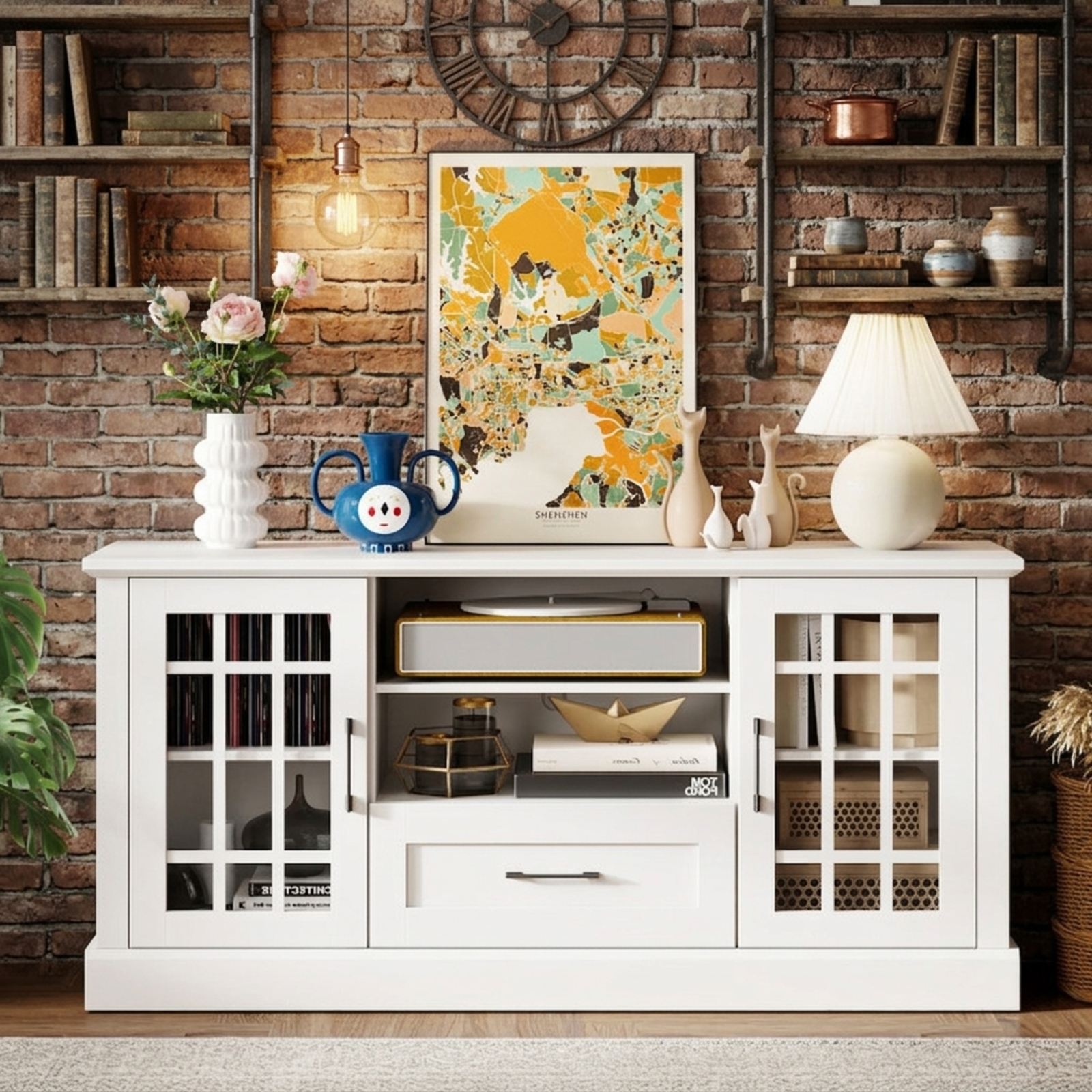 Furnibear TV Stand Entertainment Center for TVs up to 70 Inch with Tempered Glass Doors Cubbies and Drawer for Living Room Media Storage, White