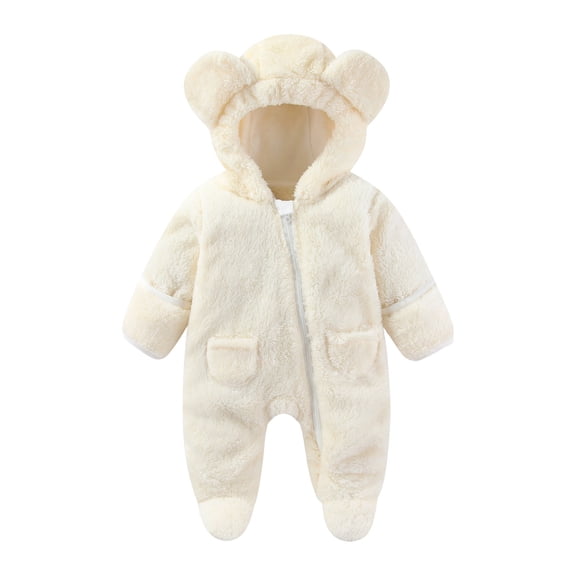 Juebong Newborn Baby Bear Outfit With Fold-Over Footies,Infant Girls Boys Fleece Jumpsuit Romper Hooded Winter Snowsuit Clothes for Girls Boys 0-18M