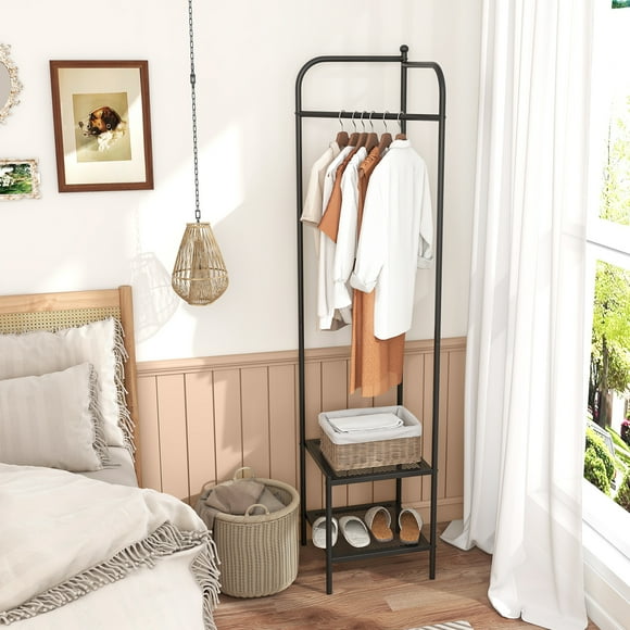 Giantex Corner Hall Tree, Freestanding Entryway Coat Storage Rack w/Shelves, Black