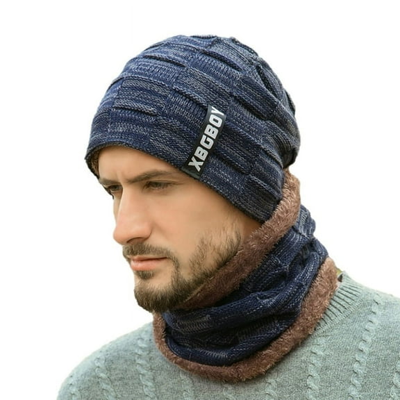 Luxsea Men Autumn Winter Beanie Hat Scarf Set Fluffy Knitted Cap Neck Warmer Headwear