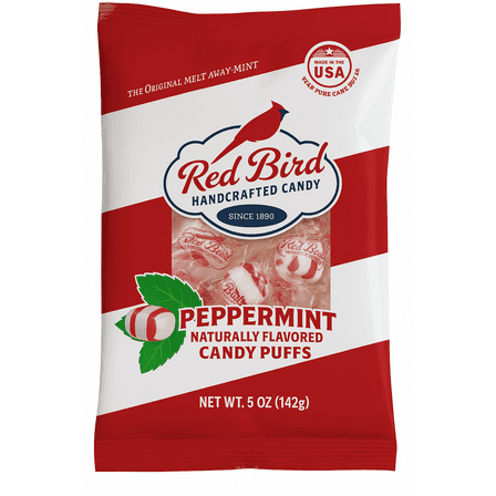 Red Bird Handcrafted Candy Peppermint Puffs, Naturally Flavored Melt Away Mints, 5 oz Bag