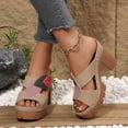 thumbnail image 2 of Rokment Womens Color Block Leaves High Heels Dress Sandals Beach Boho Trendy Leather Platform Chunky Heeled Slip on Comfortable Casual Backless Dressy Slides Summer Shoes Khaki Size 9.5, 2 of 7