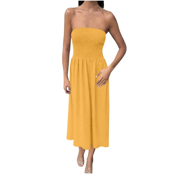 Womens Summer Dresses Casual Fashion Solid Color Waisted Off The Shoulder Sleeveless Dress A-Line Party Dress with Pockets