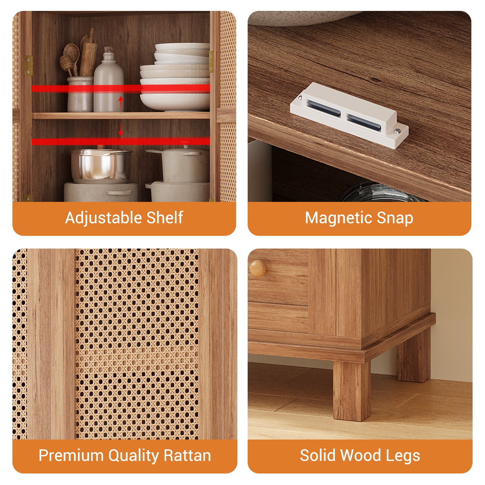 Maritcute Kitchen Pantry Cabinet with Rattan Doors, 2 Drawers, Adjustable Shelves, Suitable for Kitchen and Dining Room, Walnut Finish