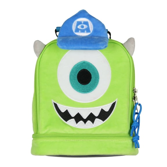 Disney Monsters Inc Lunch Box Mike Wazowski Plush Fuzzy Embroidered Face 3D Ears and Hat Insulated Lunch Bag Tote For Hot And Cold Food 9"
