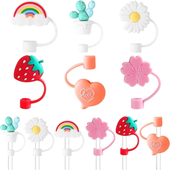 6 PCS Straw Covers Cap with 6 Reusable Drinking Straws,6-8mm Cute Silicone Straws Toppers Tip Cover Flowers Fruit for Normal Cup Kawaii Drinking Dust-Proof Straw Plugs